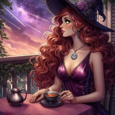 a woman with long red hair is sitting at a table and holding a teapot