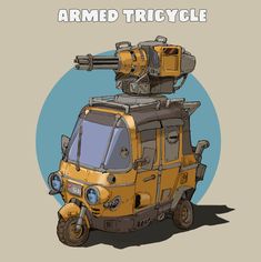 an armored tricycle vehicle is shown in this graphic art work, with the words armed tricycle on it