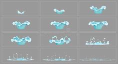 water splashes in different stages and shapes on a gray background, set of various views