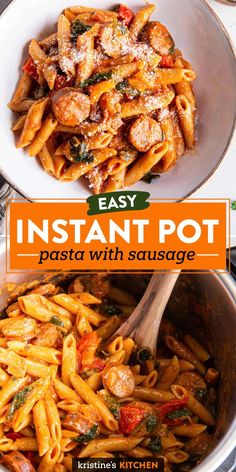 the cover of an easy instant pot pasta with sausage