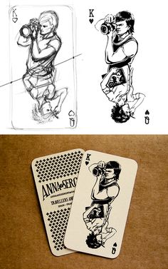 two playing cards with drawings on them and one has a drawing of a man holding a baby