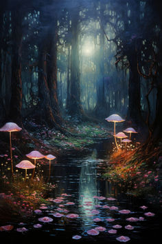 there are many umbrellas that are in the woods by the water and lily pads on the ground