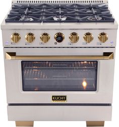 an oven with four burners and two doors on the front, one door open