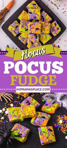 hocus pocus fudge Fudge Halloween, Hocus Pocus Sweet Treats, Easy Halloween Fudge Recipe, Halloween Theme Sweets, Fun Halloween Baking Recipes, Halloween Magic Bars, Easy Halloween Fudge, Fudge Recipes Halloween, Fall Fudge Recipes Easy