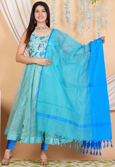 Pure Kota Tissue Anarkali Kameez in Pastel Blue Color. This Readymade Round Neck and Sleeveless attire with Shantoon Lining is Enhanced with Resham and Zari Work. Available with a Shantoon Churidar in Royal Blue and a Kota Doriya Dupatta in Shaded Blue. The Kameez and Bottom Lengths are 50 and 52 inches respectively. Do note: 1.)Accessories shown in the image are for presentation purposes only and length may vary upto 2 inches. 2.)Slight variation in actual color vs. image is possible. We sell a Traditional Blue Sleeveless Anarkali Set, Blue Unstitched Sharara For Festive Occasions, Festive Blue Unstitched Sharara, Blue Cutdana Anarkali Set, Blue Anarkali Set For Transitional Season, Designer Blue Sharara For Diwali, Blue Sets With Sheer Dupatta In Traditional Drape, Traditional Blue Sets With Sheer Dupatta, Blue Traditional Drape Sets With Sheer Dupatta