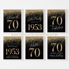 four black and gold birthday cards with the number forty years printed on them, all in different styles