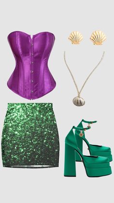 a purple corset, green skirt and matching shoes