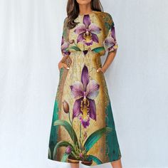 Cultivate your love for orchids with this stunning Cattleya Orchid Print dress! Featuring a vibrant orchid print all over, this dress is a true celebration of your passion. The comfortable 3/4 sleeves and a flattering high round neckline make it perfect for any occasion. An elastic waist ensures a comfortable fit that flatters all body types, while side pockets add a touch of functionality. Dress it up with heels or sandals for a touch of elegance, or keep it casual with sneakers for a day out. This dress is made from a soft and stretchy 95% polyester, 5% spandex blend for all-day comfort, and is available in sizes XS-3XL to ensure a perfect fit. Perfect for: Orchid collectors Orchid enthusiasts Orchid lovers ●Regular fit in sizes XS-3XL ●Elastic waist dress ●95% polyester, 5% spandex ●Fab Orchid Print, Cattleya Orchid, Dress High Neck, Elastic Waist Dress, Print Midi Dress, Printed Midi Dress, Short Sleeve Dress, Waist Dress, Dress Clothes For Women