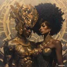 two women dressed in gold and black are standing next to each other with their heads together