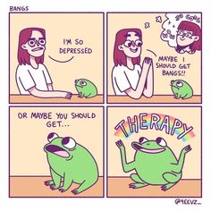 a comic strip with an image of a frog and a woman talking to each other