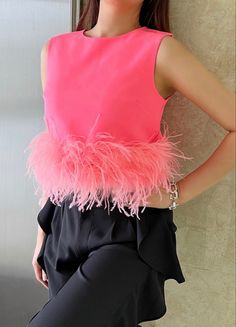 Sleeveless feather top Feather Top, Feather Tops, Pink Top, Everyone Knows, Pink Tops, Neon Pink, Buy Now, Ballet Skirt, Crop Tops