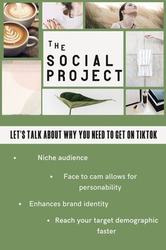 the social project flyer is shown in green and white with images of people, coffee cups,