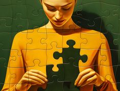 a painting of a woman holding a puzzle piece