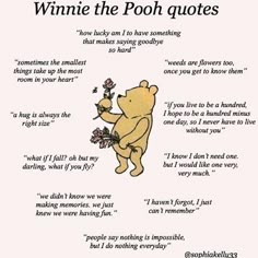 winnie the pooh quote with an image of a teddy bear holding flowers in its paws