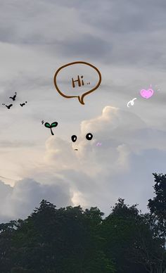 a group of birds flying in the sky with speech bubbles above them and trees below