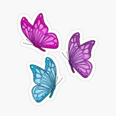 three purple and blue butterflies stickers on a white background with space for text or image