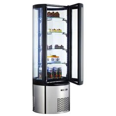 Marchia MVSR400 Refrigerated 69 Vertical Curved Glass Cake Display Case - TheChefStore.Com Glass Cake Display Cabinet, Cake Display Case, Donut Store, Glass Shelves Kitchen, Bakery Display Case, Refrigerator Cabinet, Bakery Display, Shelf System, Swinging Doors