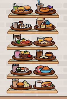 a shelf filled with lots of food on top of wooden shelves next to a brick wall