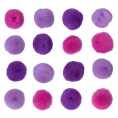 purple and pink pom - poms arranged in rows on white background with clipping path