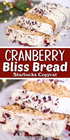 cranberry bliss bread with white frosting and cranberries on the top