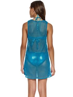 Stretch Beachwear Mini Dress For Beach Season, Fitted Blue Cover-up For Beach Party, Fitted Blue Swimwear For Beach Cover-up, Blue Cover-up For Summer Party, Stretch Mini Swim Dress For Beach Season, Sleeveless Stretch Cover-up For Parties, Fitted Mini Length Beach Cover-up, Stretch Sleeveless Mini Dress For Beach Party, Turquoise Mini Dress For Summer Party