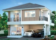 two cars parked in front of a house with balconies on the second floor