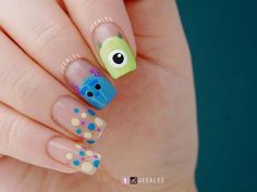 Mike Wazowski Nail Art, Teletubbies Nail Art, Mike Wazowski Nails, Pixar Nail Designs, Cute Character Nails, Monsters Inc Nail Art, Tsum Tsum Nails, Disney Nails Art