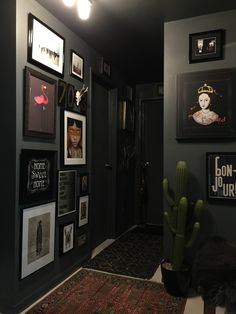 a hallway with black walls and pictures on the wall, cacti and cactus