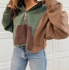 Earth Tone Hoodie, Clothing Rework Ideas, Nike Reworked Hoodie, Diy Hoodie Refashion, Earth Tone Style, Diy Sweatshirt Refashion, Reworked Hoodie, Vintage Outfit Ideas, Hoodie Upcycle