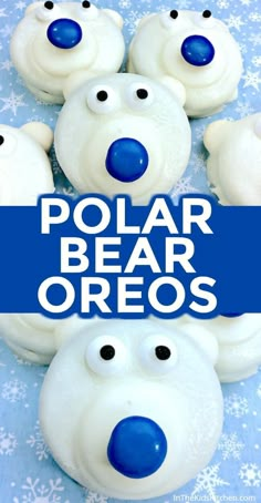 polar bear oreos on a blue tablecloth with snowflakes in the background