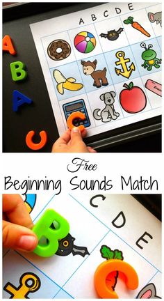 two pictures with the words beginning sounds match and an image of a child's hand holding