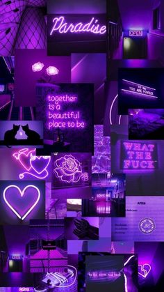 purple and black collage with neon lights in the dark, including words that spell out paradise