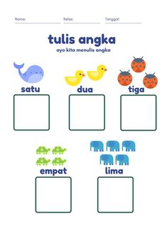 an english worksheet with the words tulis angka and two different animals