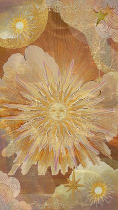 an abstract painting with sunflowers and clouds in gold, pink, orange and white