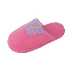 a pink slipper with a flower on the front and side, sitting against a white background