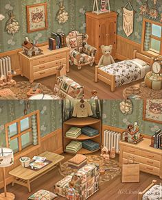 two pictures of the same room with furniture and bedding in it, one has a teddy bear