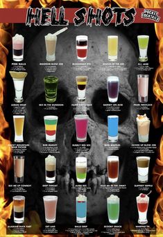 a poster with different shots in it and the words hell shots written below them on fire