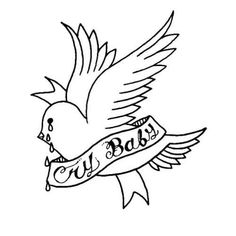 a drawing of a bird with a banner on it's wing and the word bad written