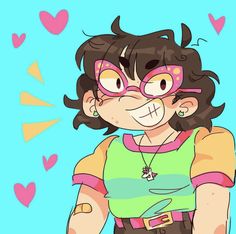 a drawing of a girl with glasses and heart shapes around her eyes, smiling at the camera