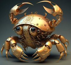 an intricately designed golden crab with large eyes and claws on it's back legs