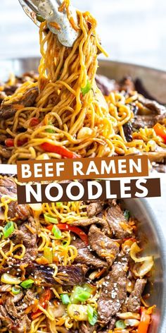 beef ramen noodle stir fry in a skillet with the words beef ramen noodles above it