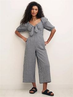 NOBODY'S CHILD Simone Gingham Cotton Blend Cropped Jumpsuit in Black | Endource Gingham Clothes, Gingham Jumpsuit, Gingham Midi Dress, Fearne Cotton, Seersucker Fabric, Black Gingham, Wardrobe Wishlist, Petite Jumpsuit, Cropped Jumpsuit