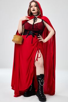 DESIGN INSPIRATION For an unforgettable Halloween experience, this remarkable plus size Little Red Riding Hood costume is your go-to choice. With its mesmerizing long dress featuring sophisticated lace-up detailing and a contemporary asymmetrical hem that effortlessly showcases your legs, you'll be the star of the night. Complete with the iconic cloak, this ensemble captures the essence of the beloved fairy tale. To add an extra touch of style to your ensemble, consider pairing it with a chic pair of boots and carrying a charming picnic basket. SIZE FIT Model shown is 5'6.9" inch wearing XL/14-16. FABRIC CARE Shall: Polyester Lining: No Cares: Machine Wash DETAILS Type : Maxi Dresses Occasion : Halloween Elasticity : Slight Stretch Neckline : Hooded Sleeve Type : Regular Sleeve Length : Lo Plus Size Halloween Costumes, Little Red Riding Hood Costume, Red Cloak, Red Riding Hood Costume, Plus Size Halloween Costume, Plus Size Halloween, Little Red Riding Hood, Cloak, Plus Size Outfits