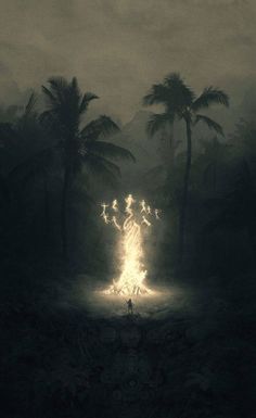 a person standing in the middle of a dark forest with palm trees on either side