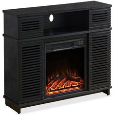 an entertainment center with a fire place and remote control on the front, in black