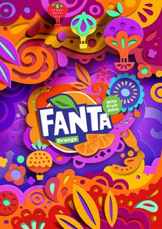 an advertisement for fanta orange juice on a red background with colorful flowers and swirls