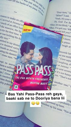 an open book with the words pass pass written on it and two people looking at each other