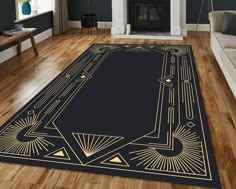 a black and gold area rug with an art deco design on the floor in front of a fireplace