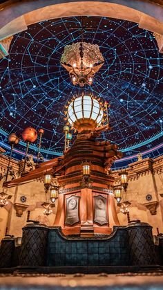 the inside of a building that has a ceiling with stars on it and lights above