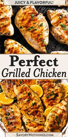 grilled chicken with lemons and parsley on the side is shown in two different photos